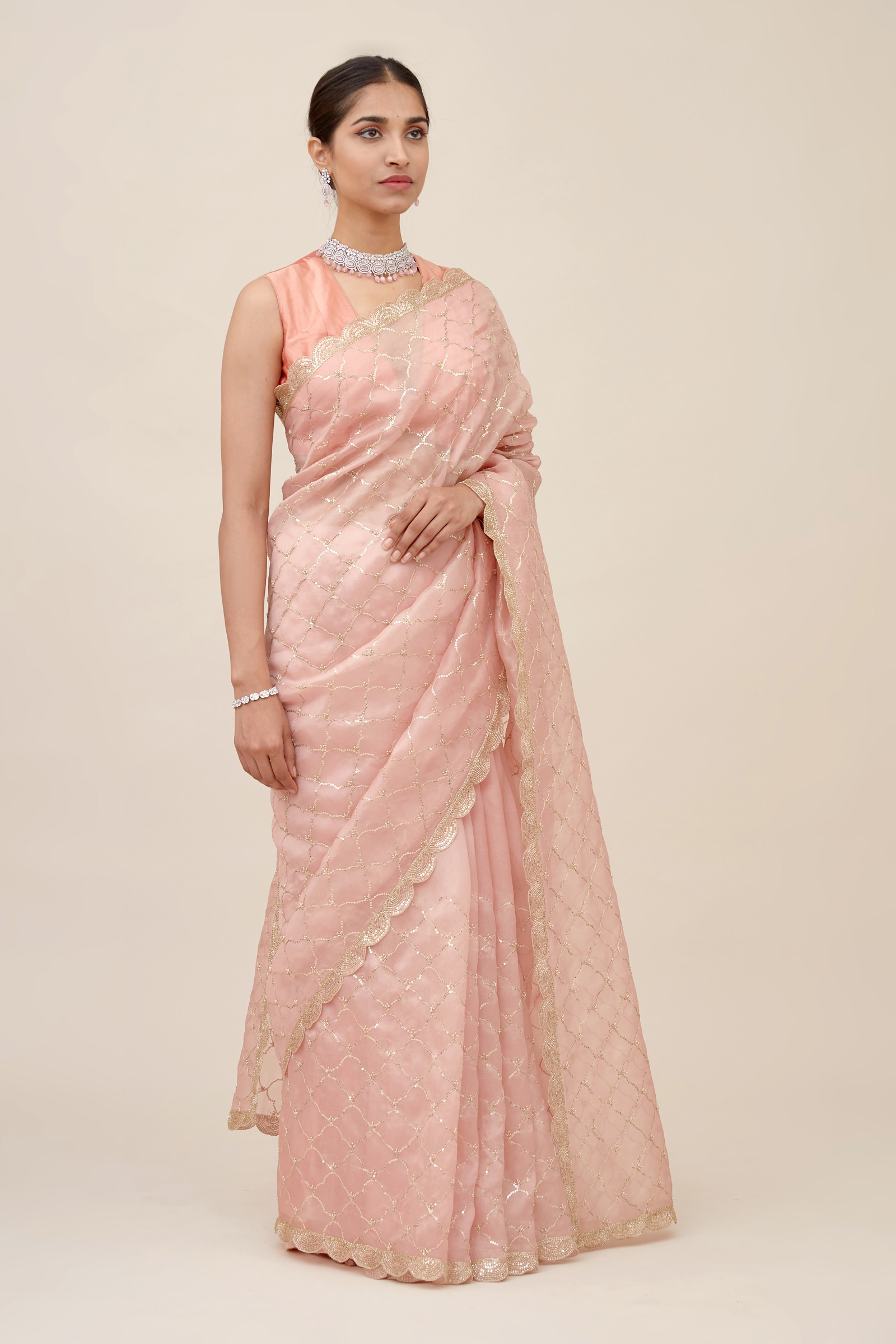 Pastel Pink Organza Saree