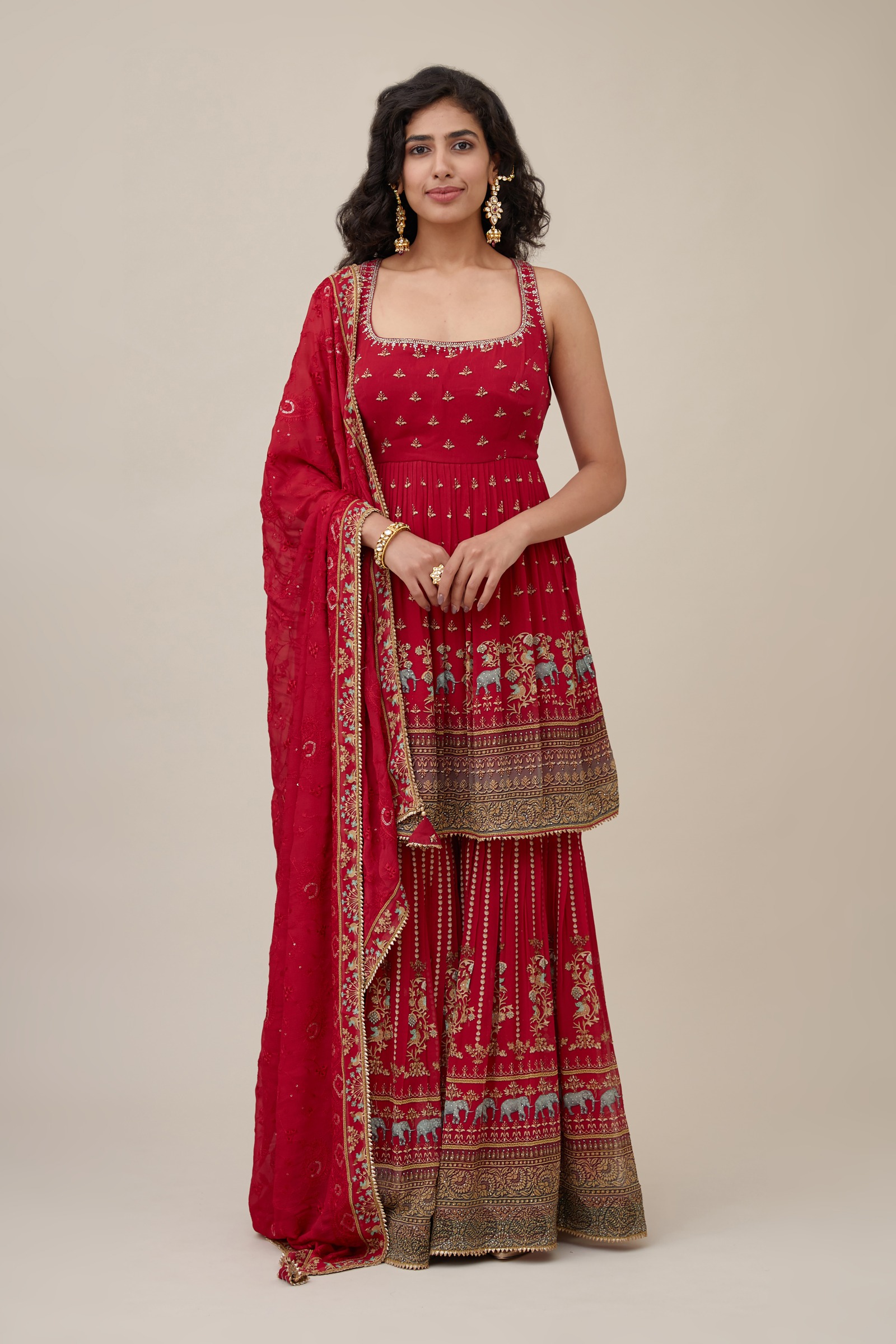 Carmine Red Georegette Sharara