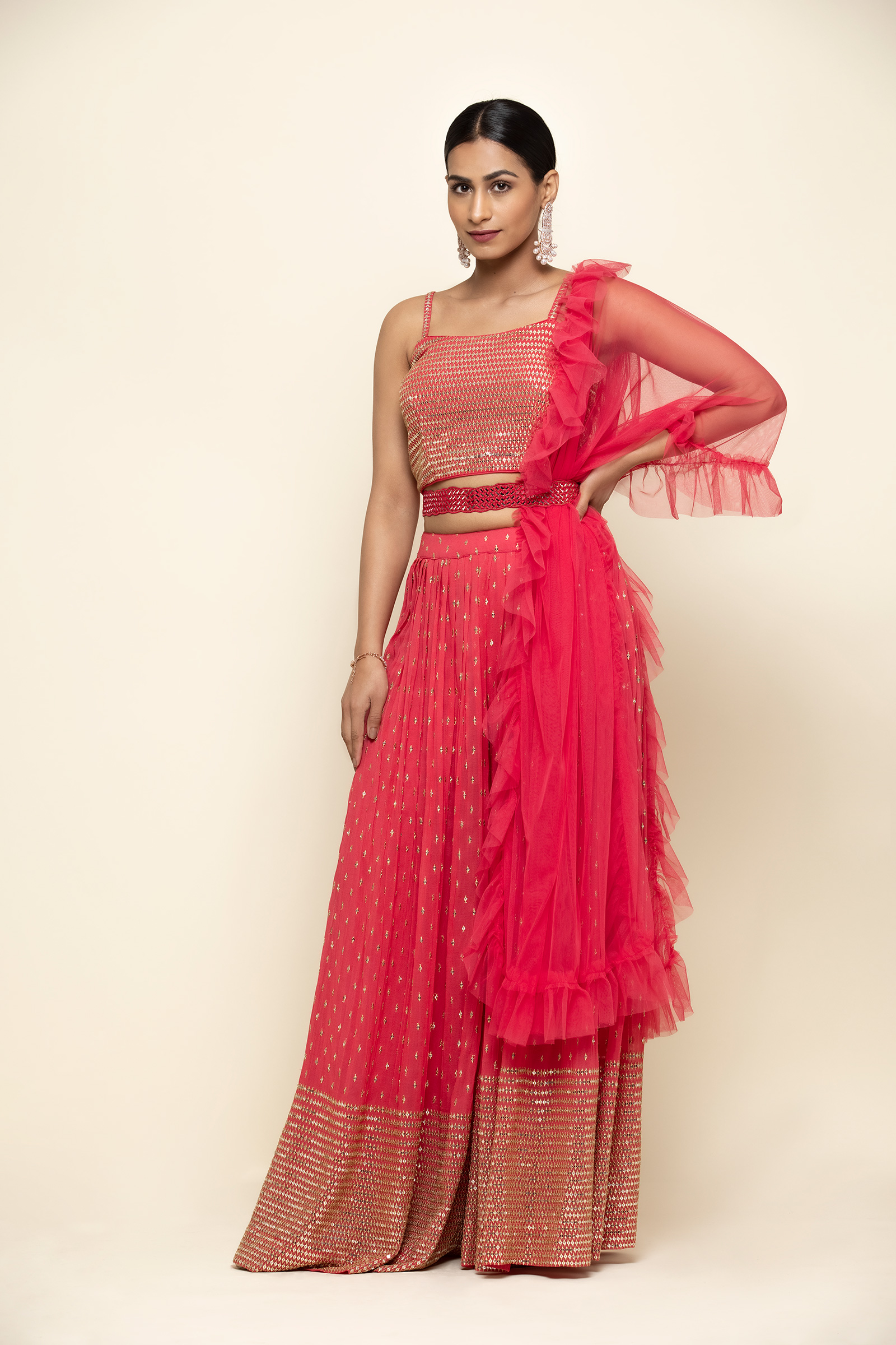 Hot Coral Georegette Sharara Suit