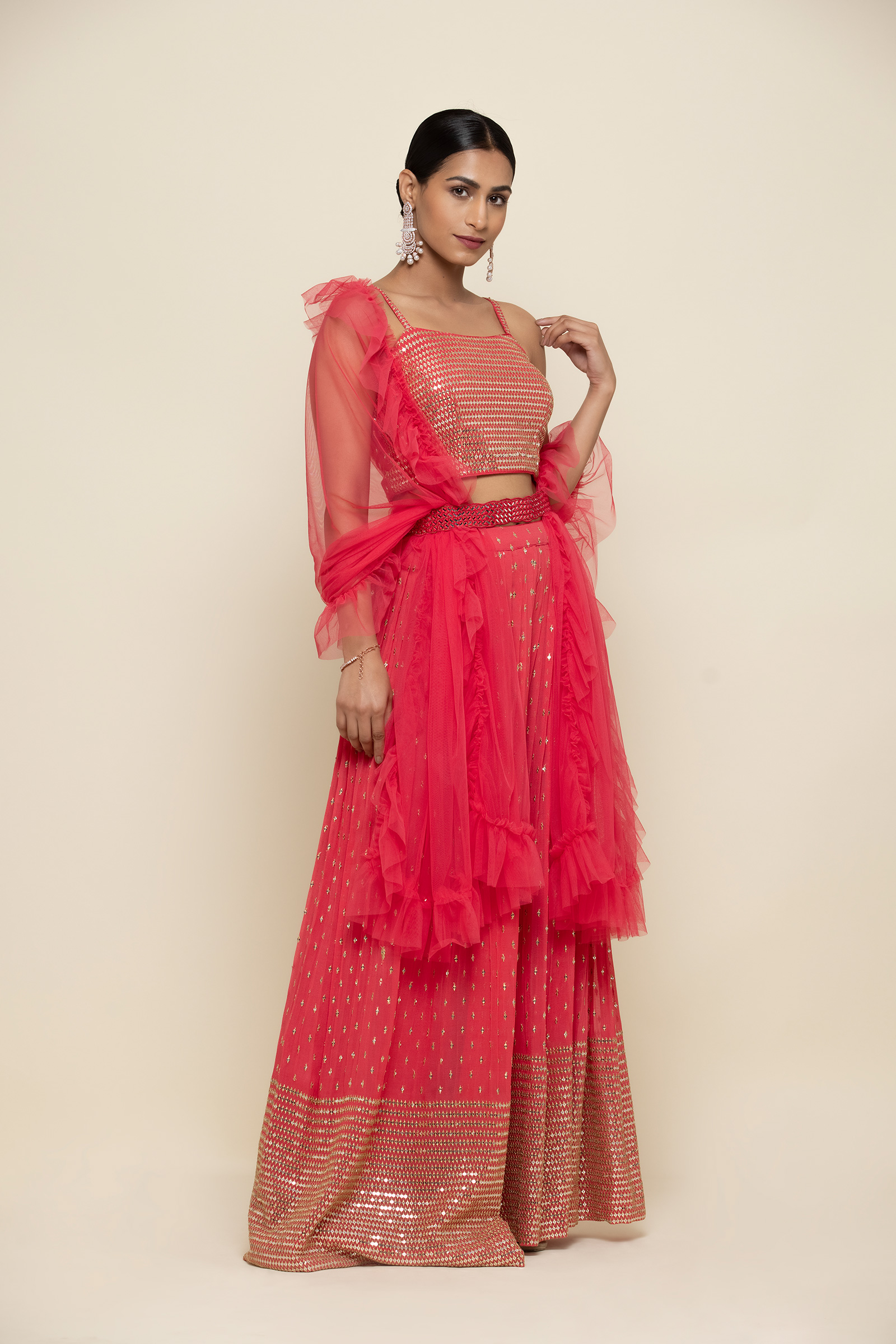 Hot Coral Georegette Sharara Suit