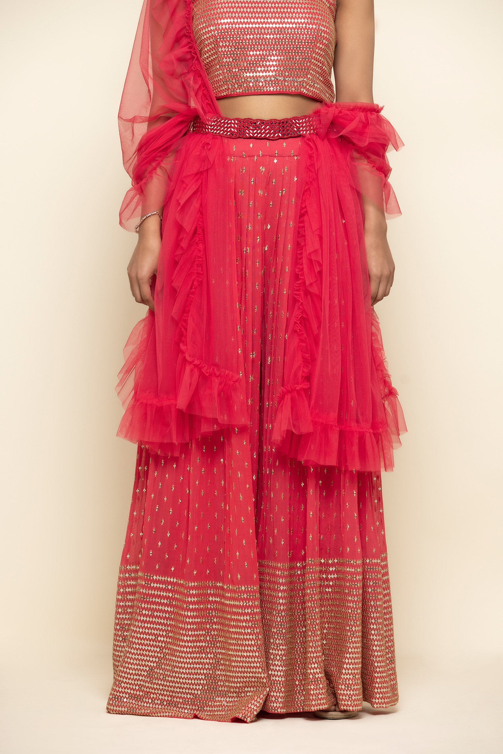 Hot Coral Georegette Sharara Suit