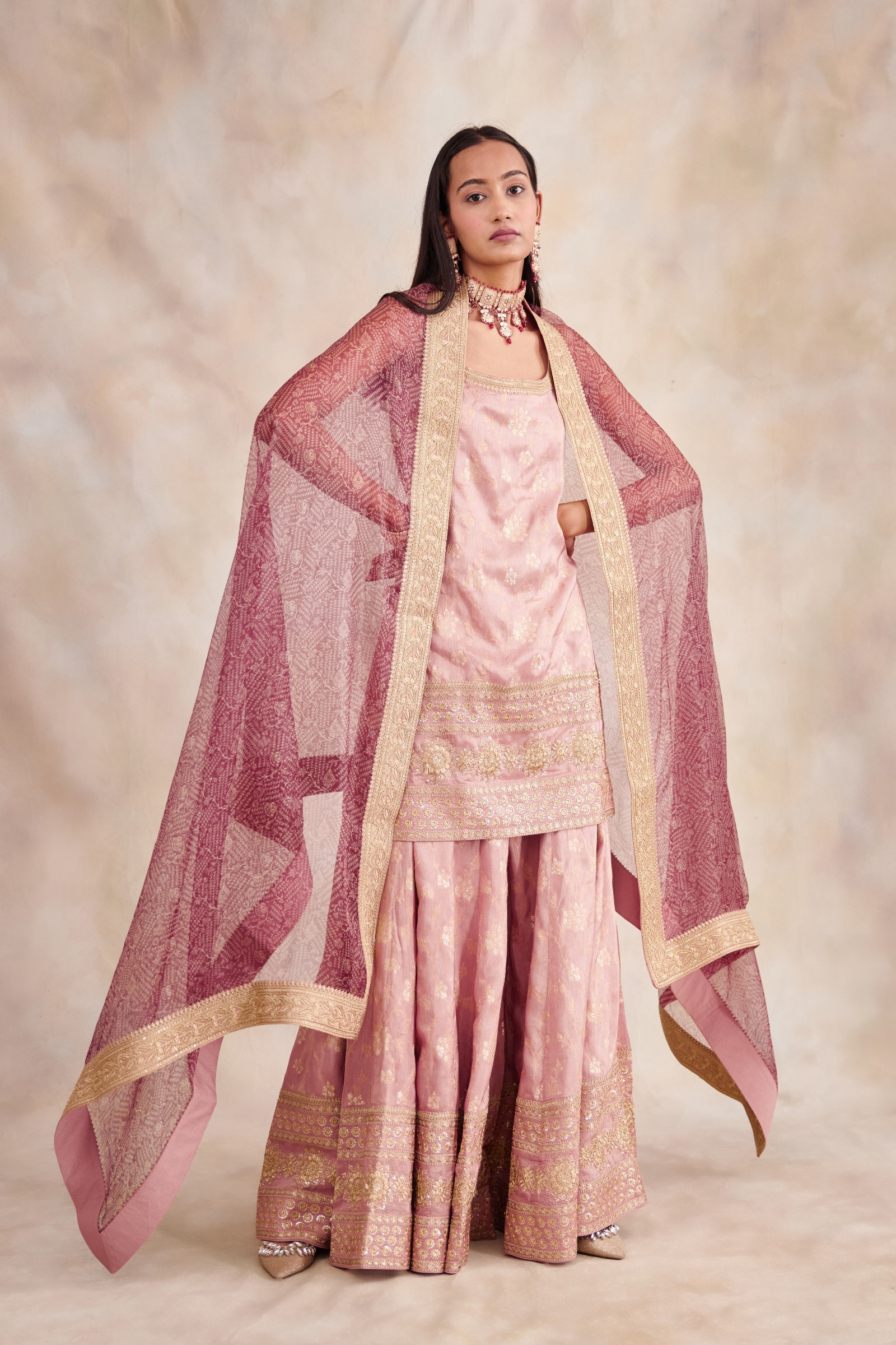 Dusty Pink Banarasi Silk Sharara- Frontier Raas