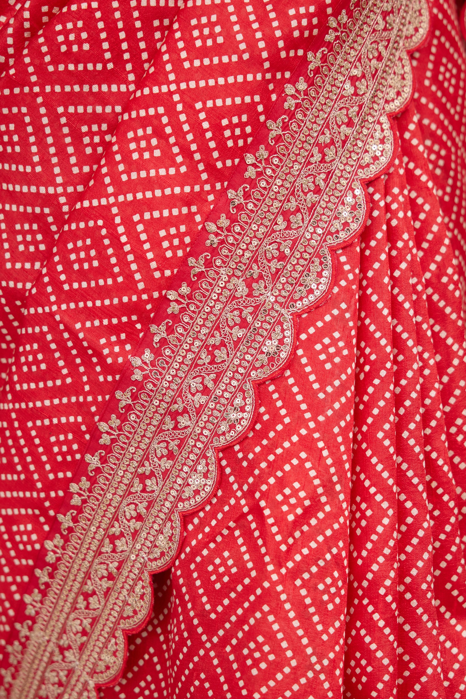 Vermillion Red Bandhani Tussar Silk Saree