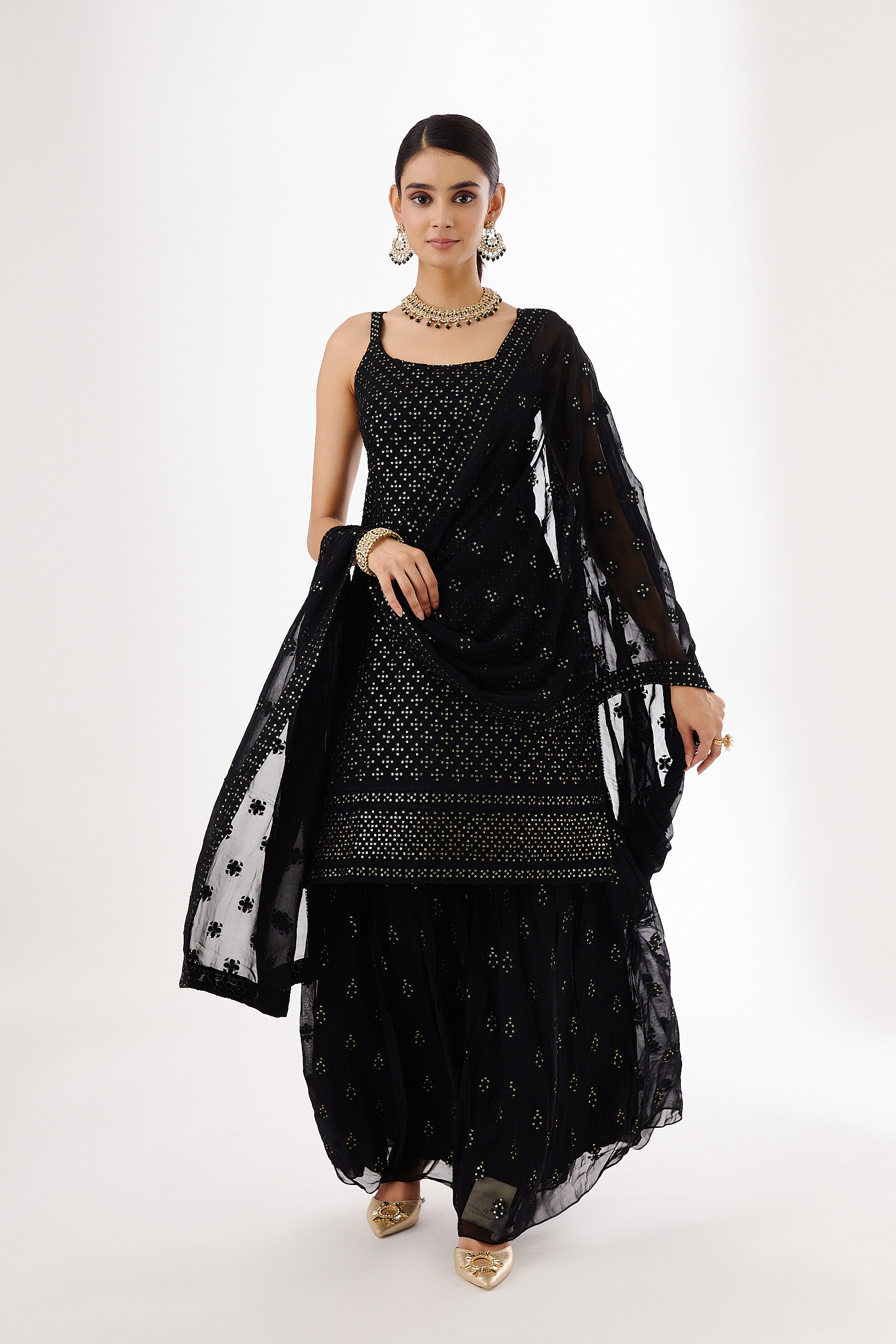 Black Sequinned Crop Top Sharara Suit with Attached Dupatta in...