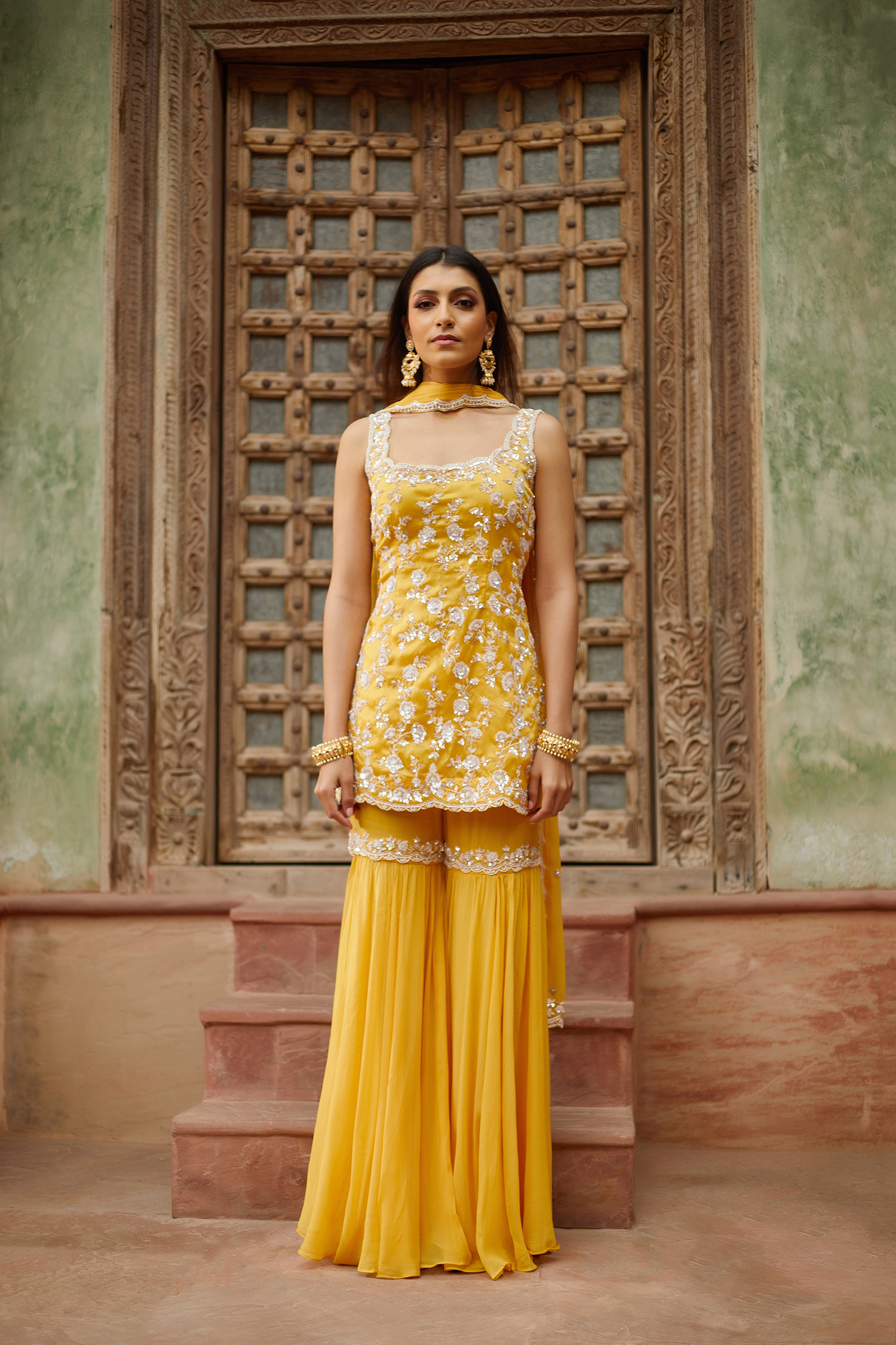 Yellow Cotton Printed Stitched Sharara Suit Set | Vogue-30001 | Cilory.com