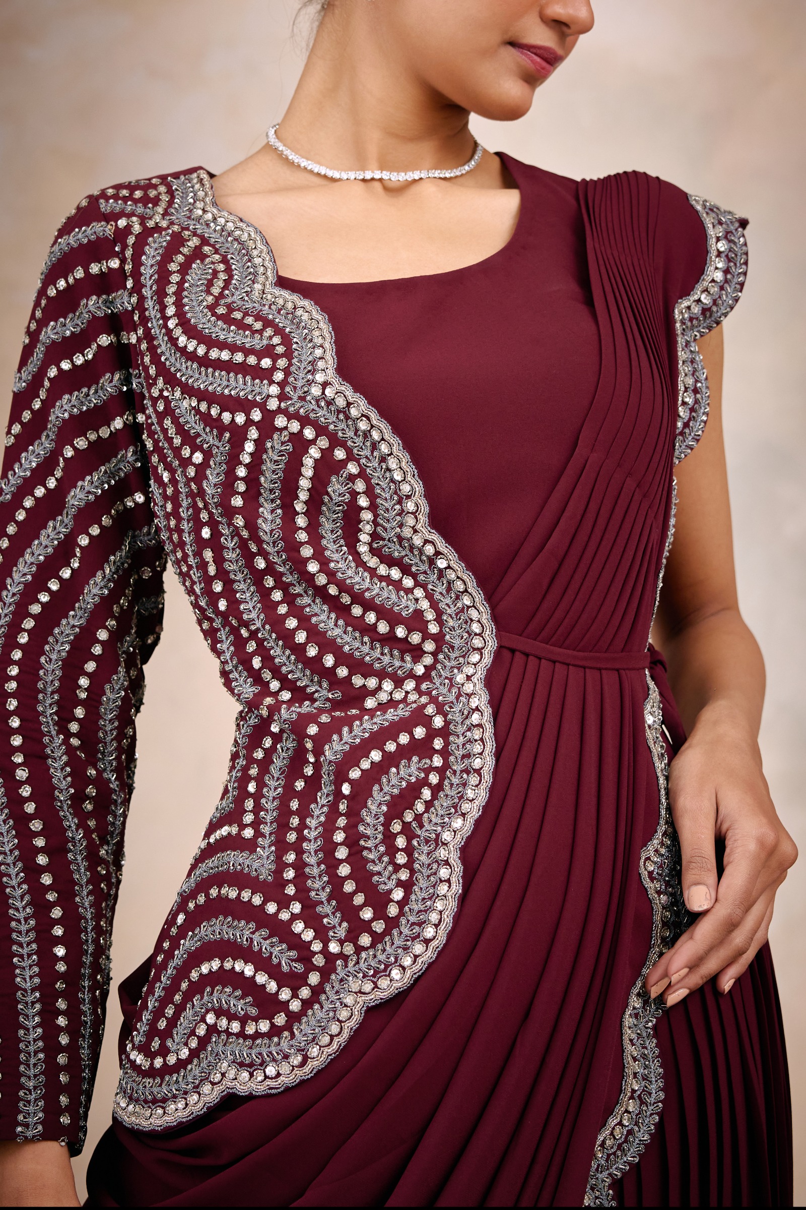 Burgundy Georgette Drape Saree