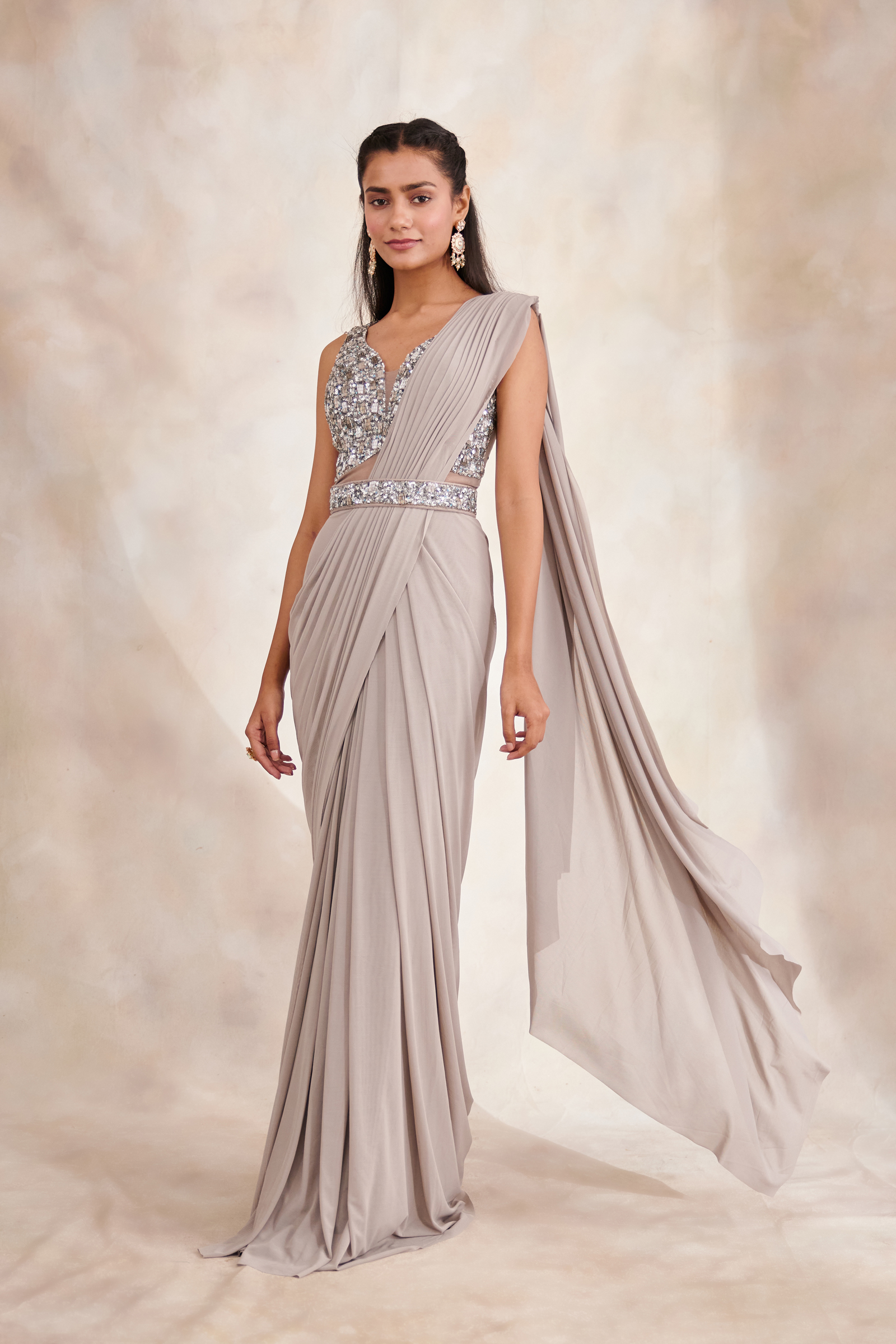 Smoky Grey Drape Saree