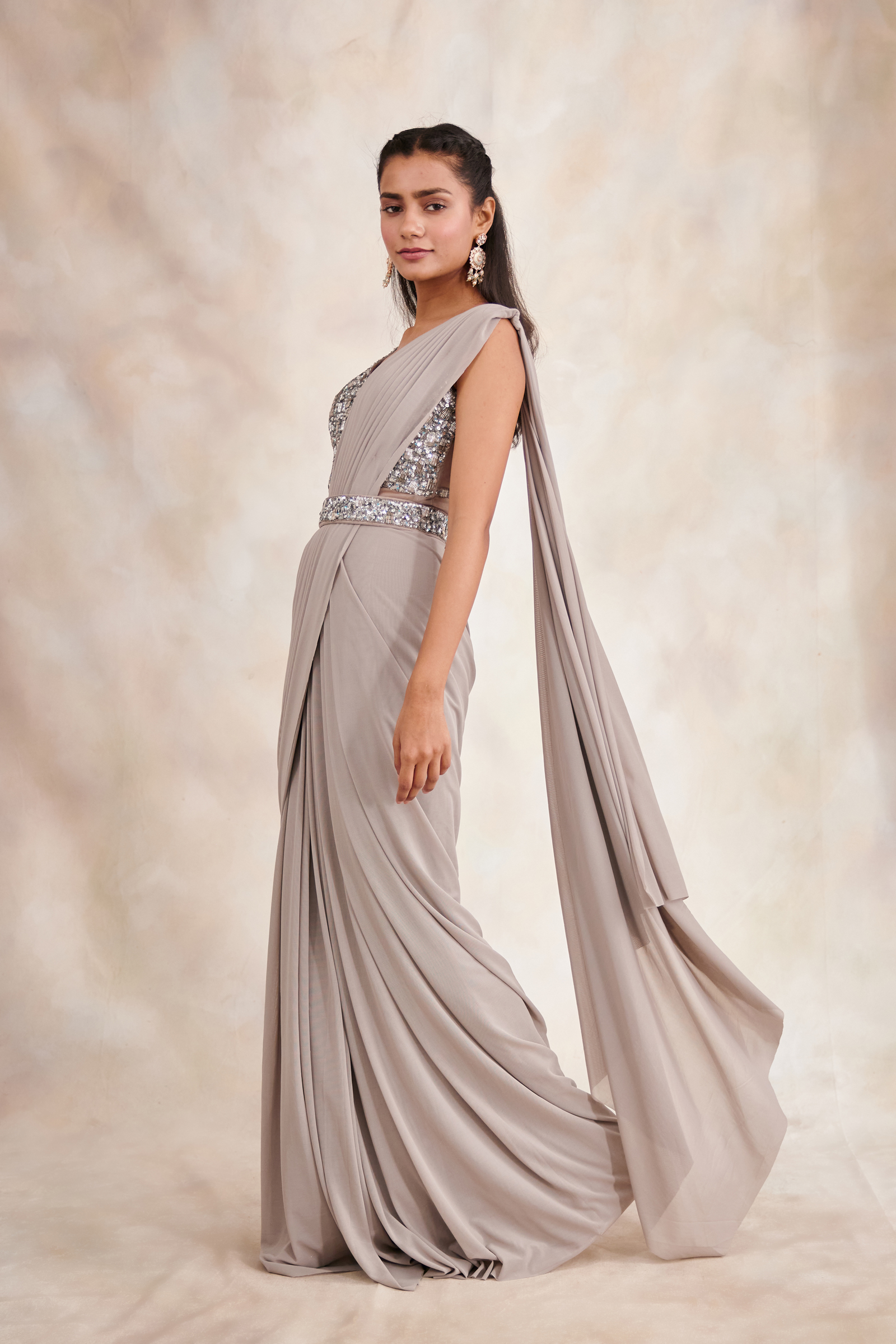 Smoky Grey Drape Saree