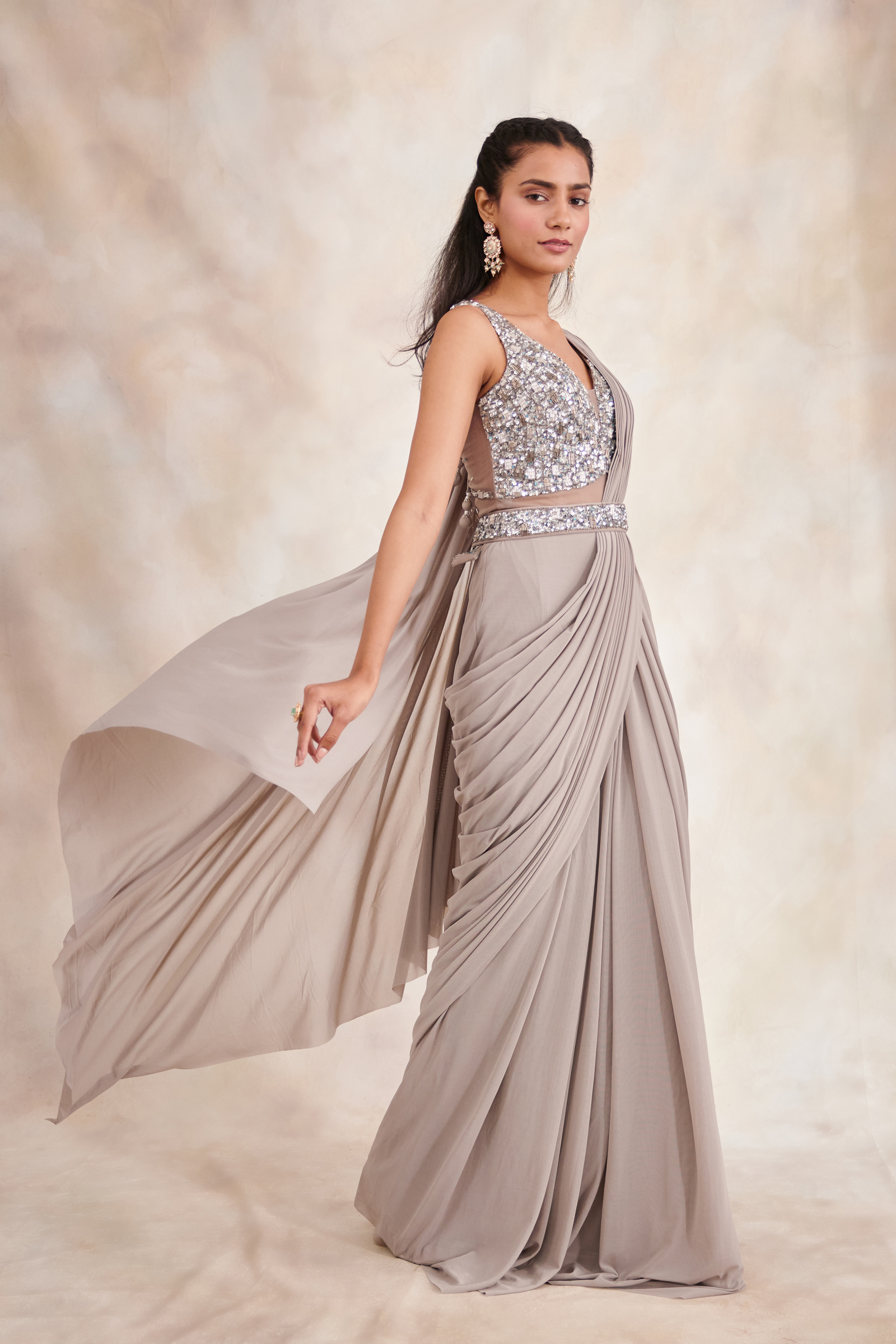 Smoky Grey Drape Saree