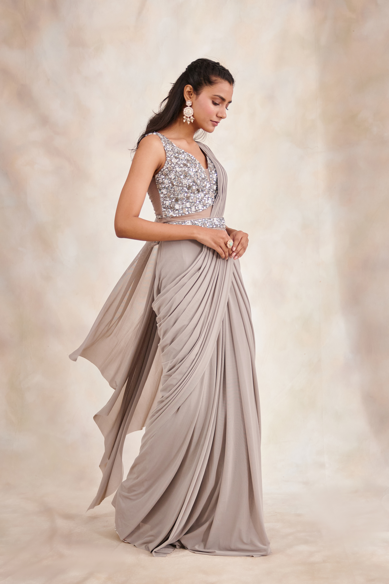 Smoky Grey Drape Saree