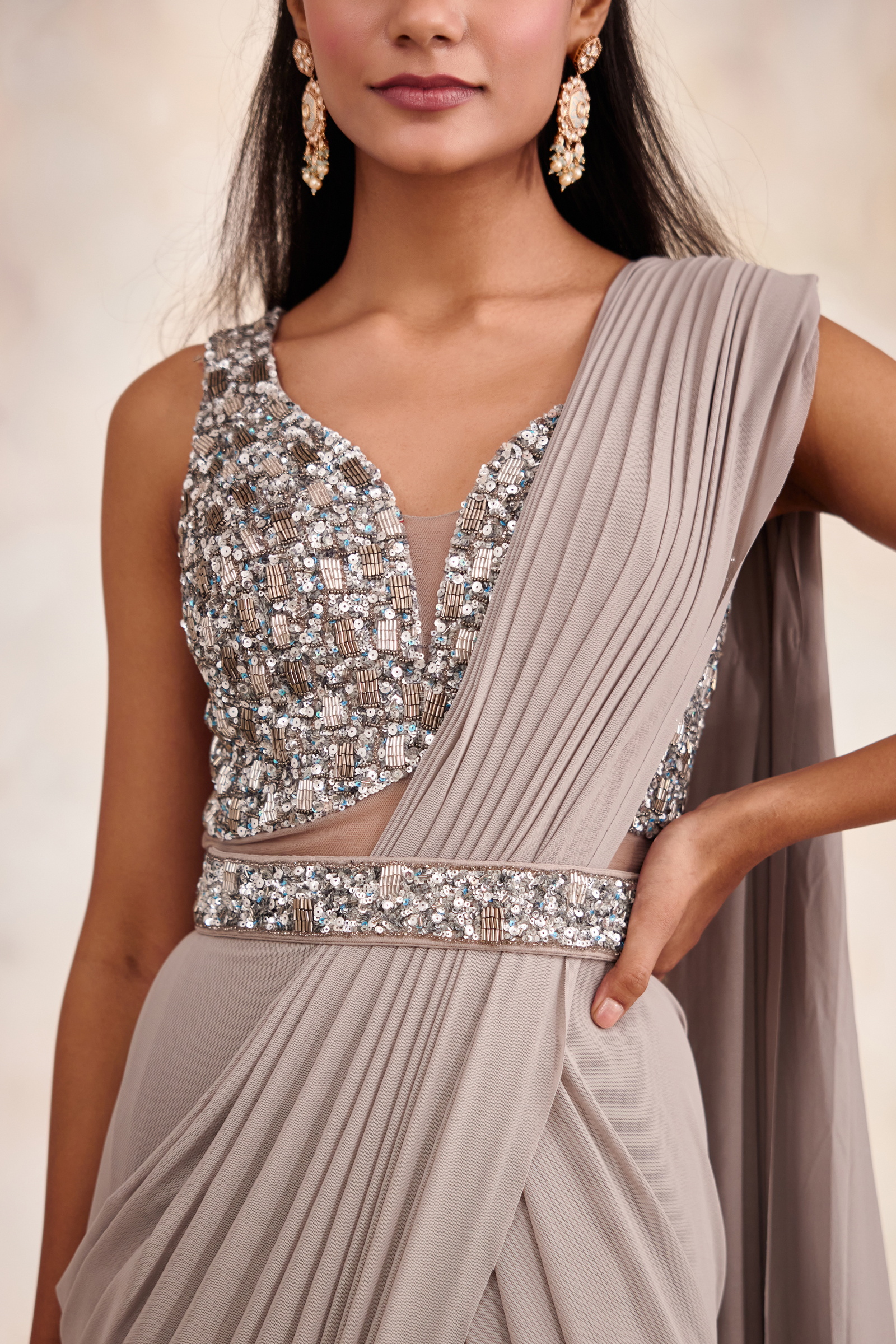 Smoky Grey Drape Saree