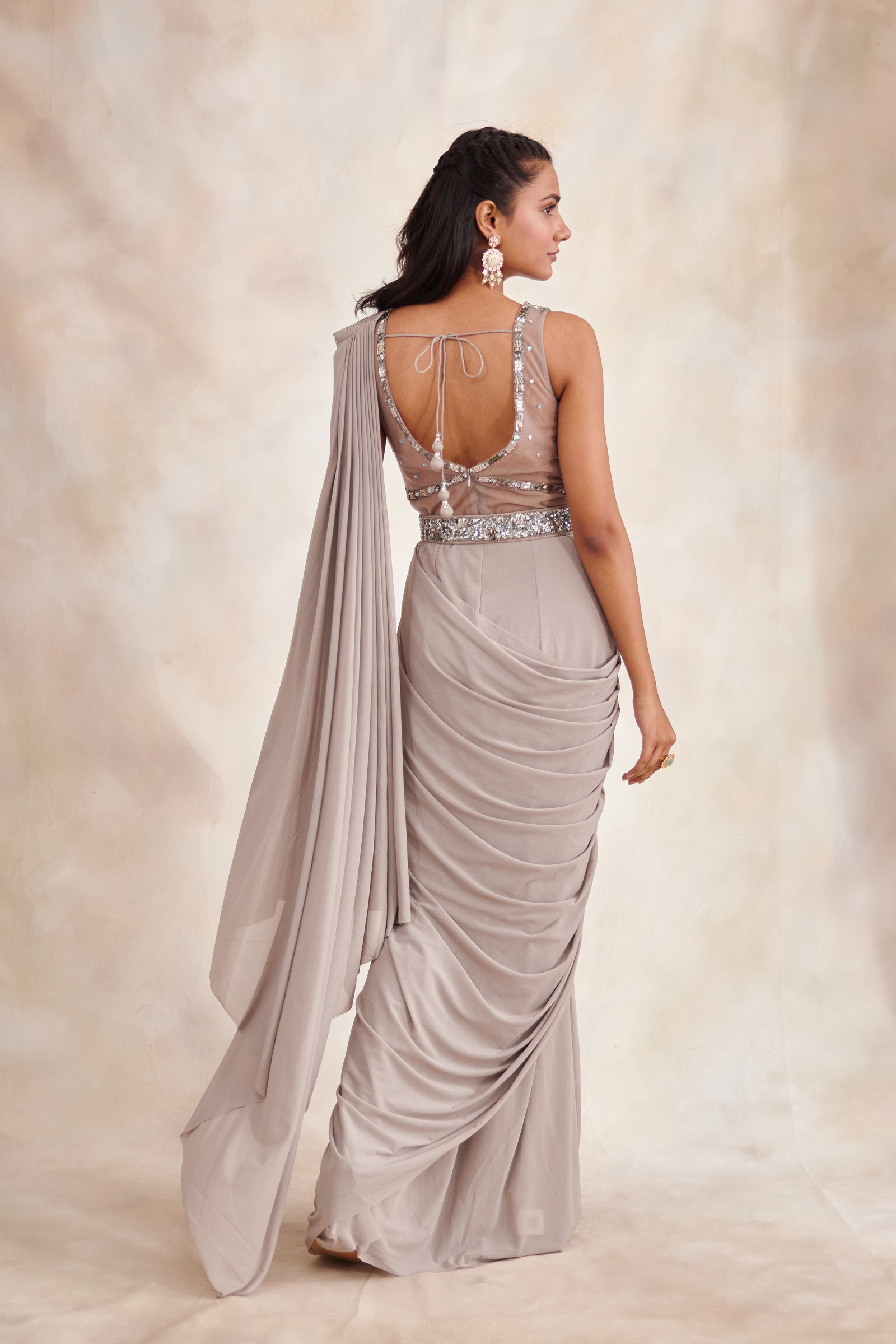 Smoky Grey Drape Saree