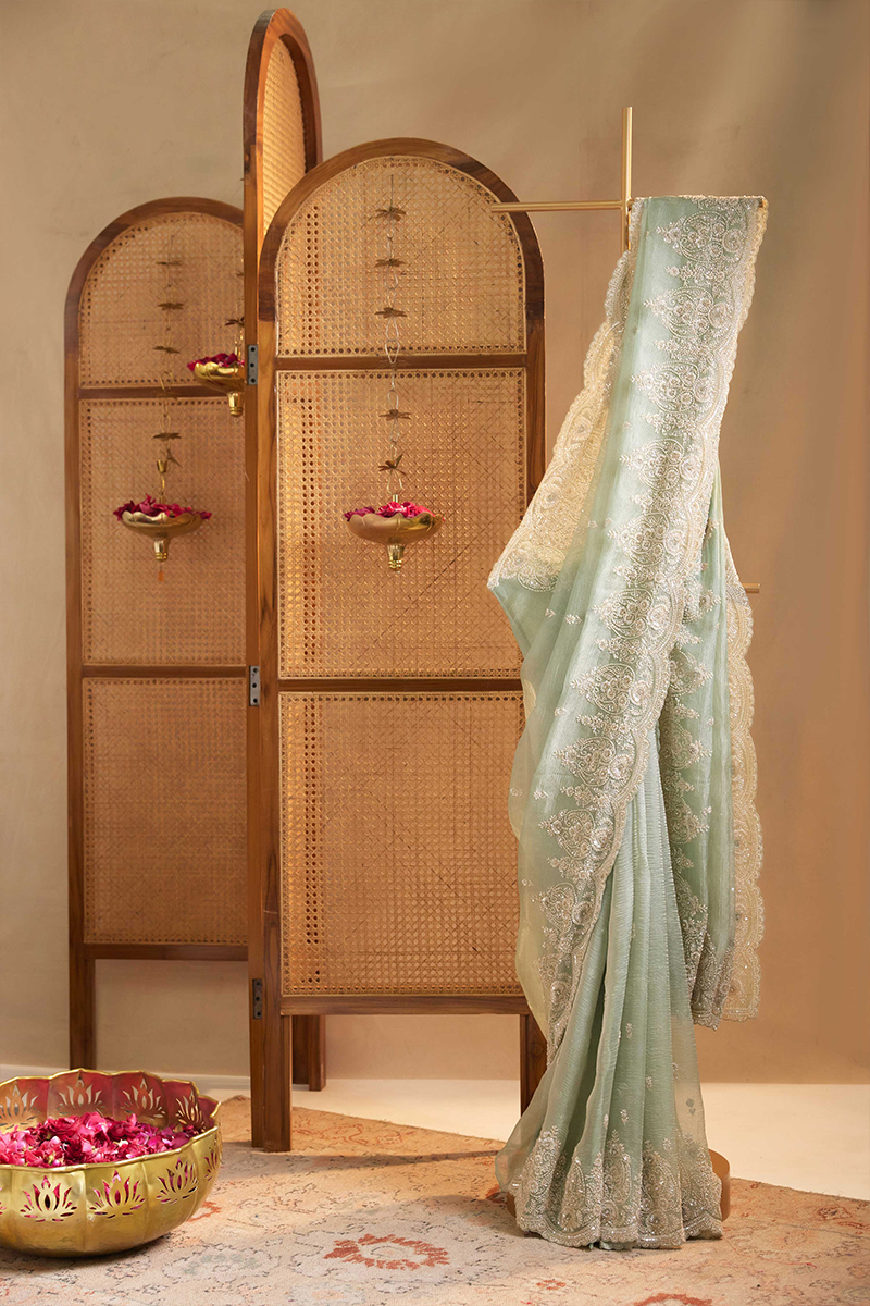 Ocean Green Tissue Organza Saree