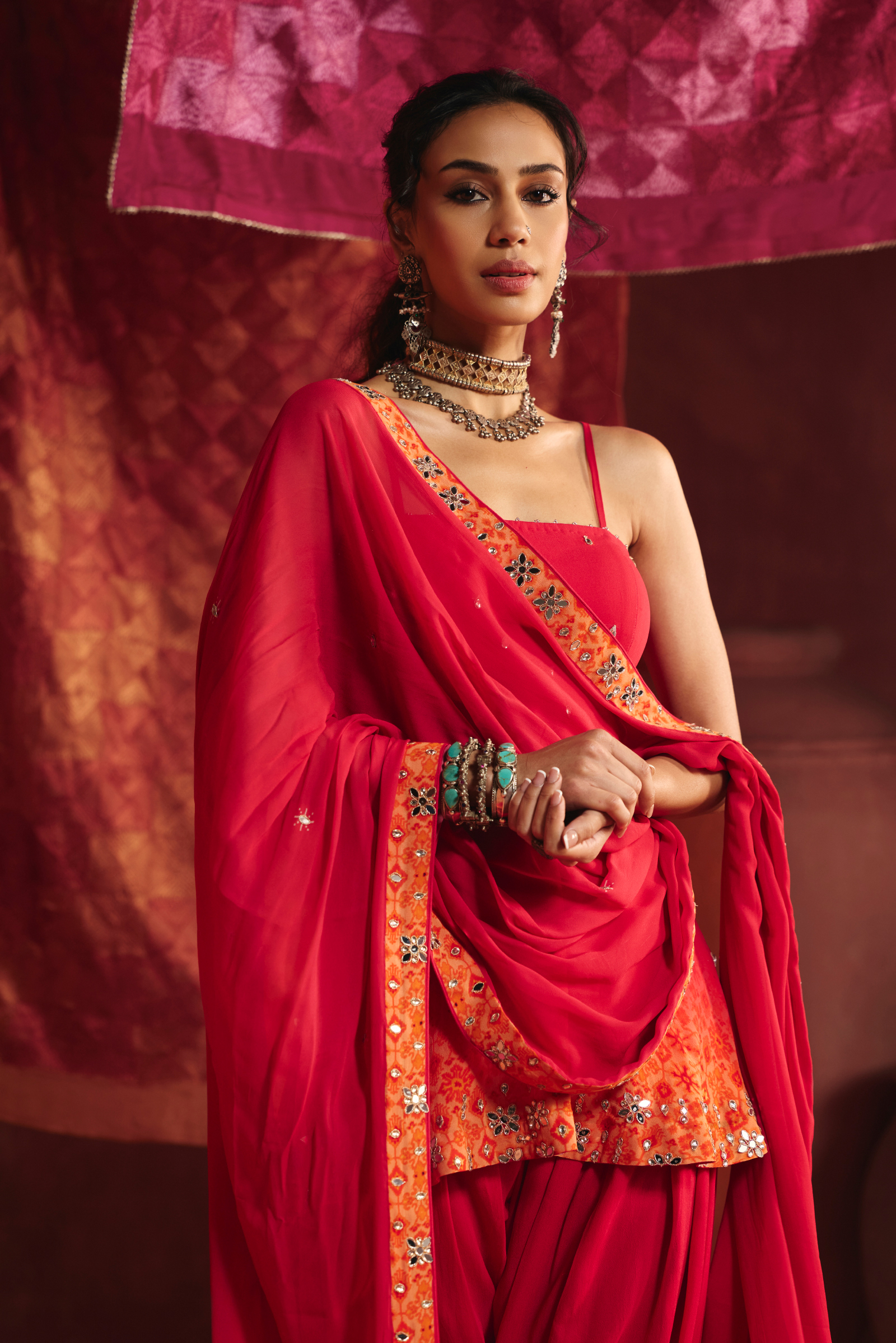 Chilli Scarlet Georgette Dhoti Set