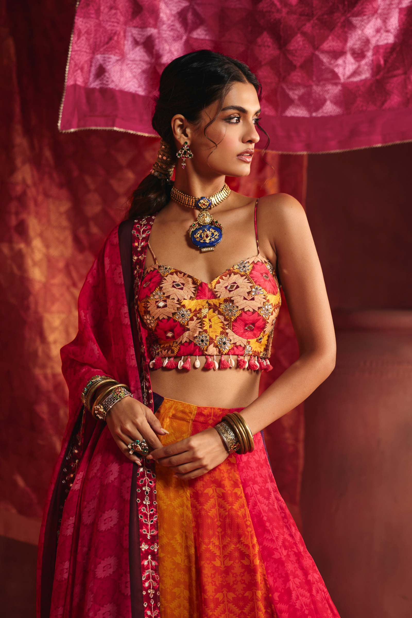Multicolour Organza Lehenga Set