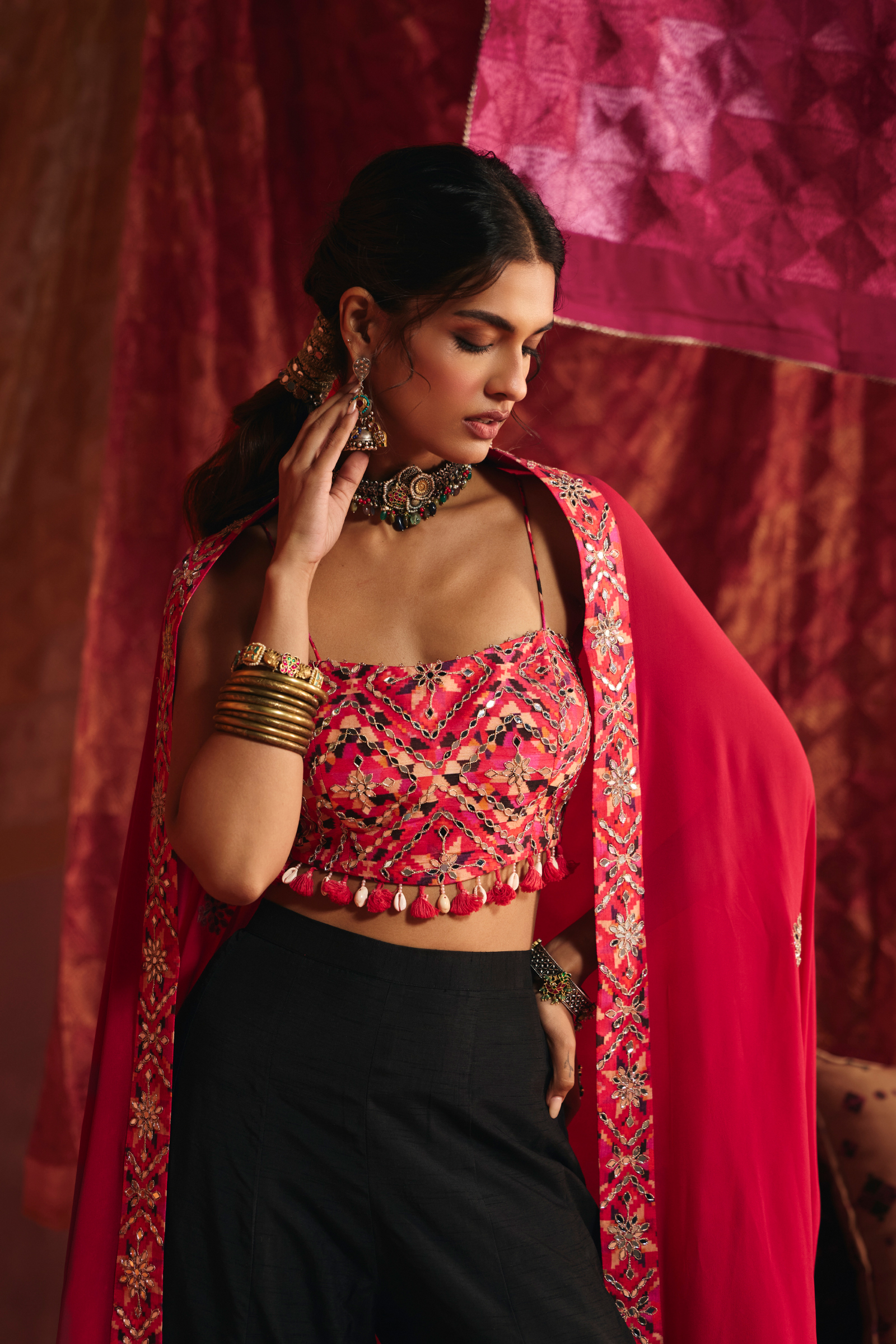Rani Pink And Black Silk Sharara Set