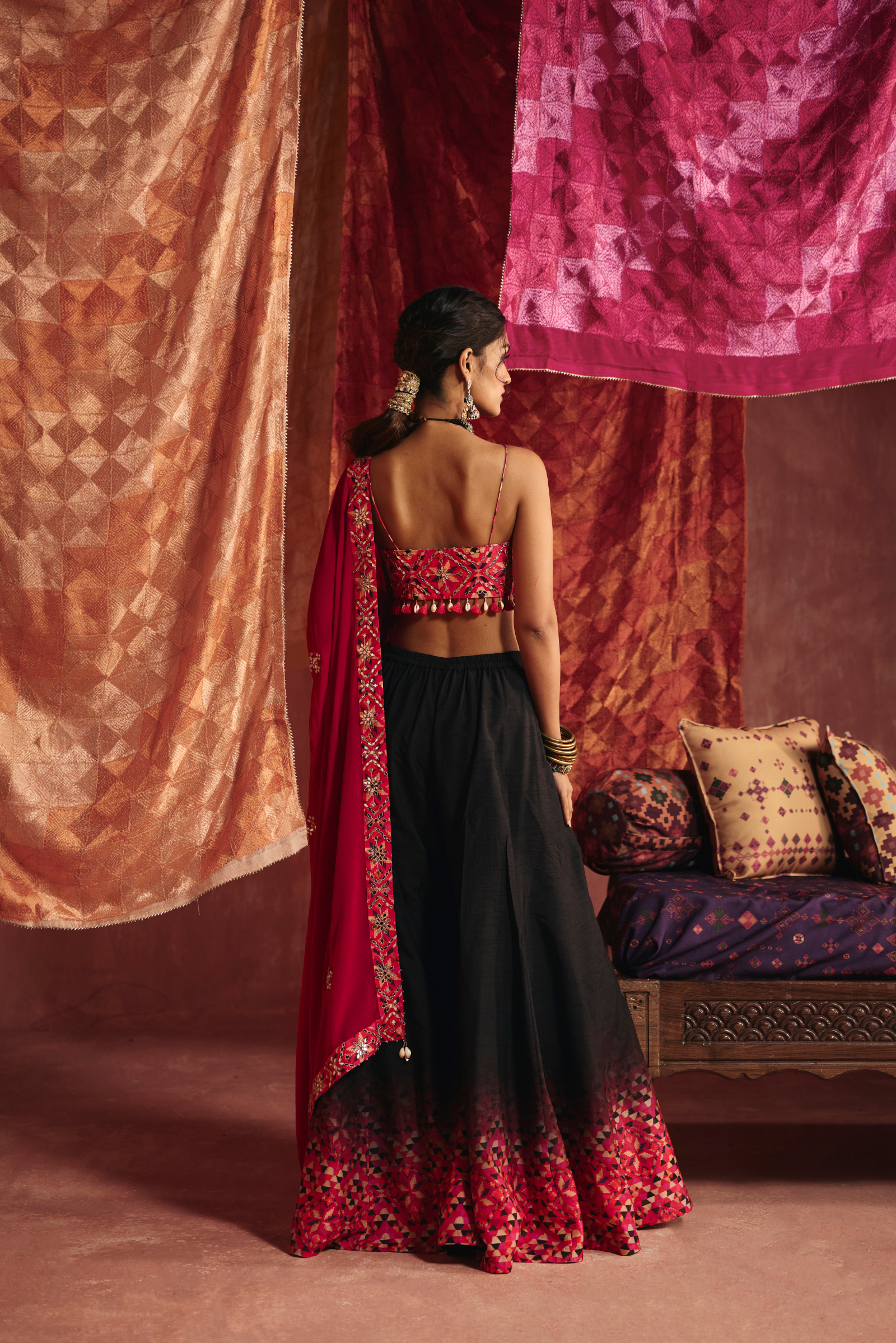 Rani Pink And Black Silk Sharara Set