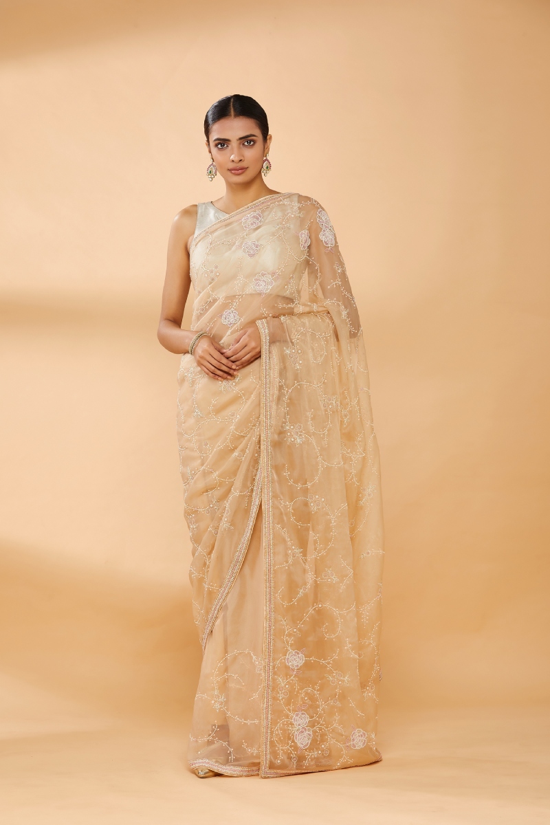 Golden Beige Embroidered Saree