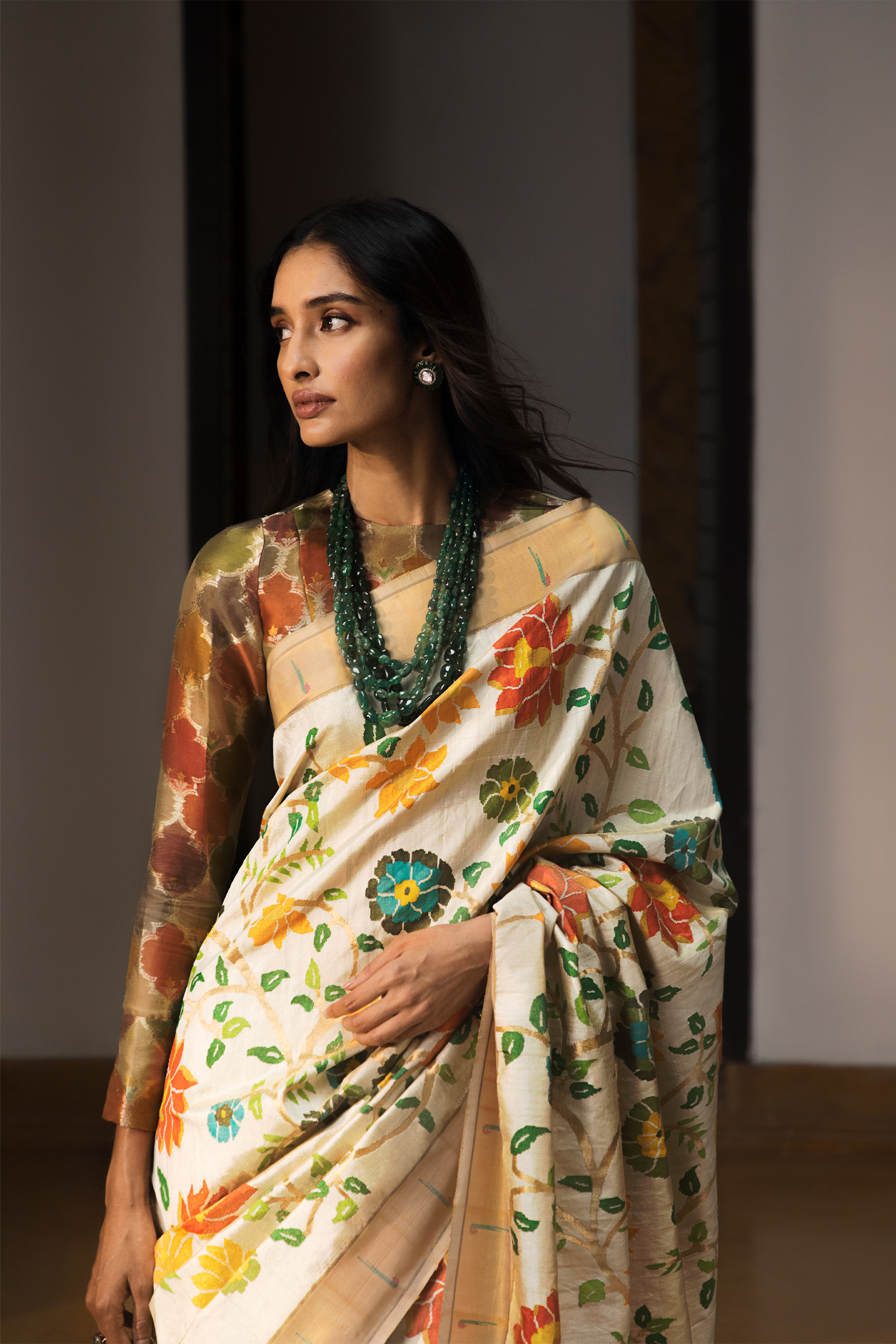 Ivory Paithani Silk Sari