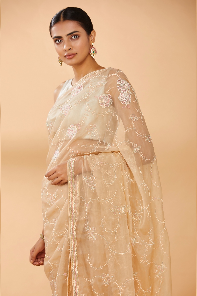 Golden Beige Embroidered Saree