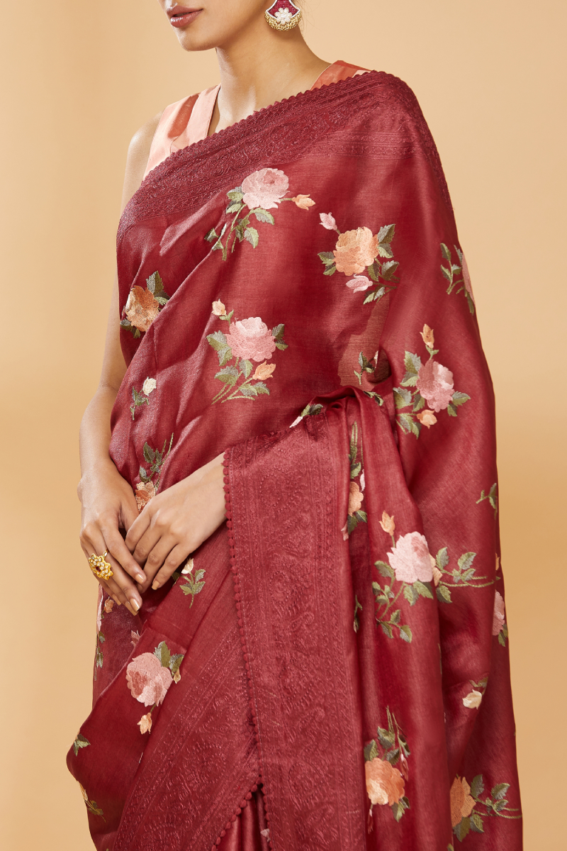 Sangria Red Embroidered Saree
