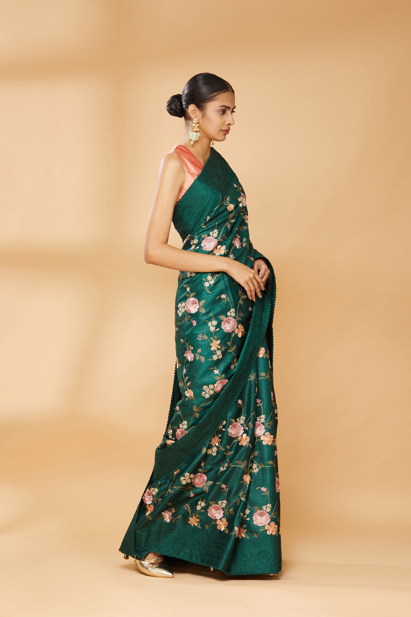 Bottle Green Embroidered Saree