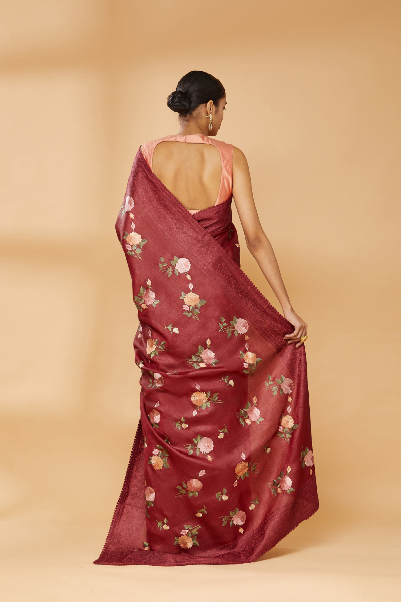 Sangria Red Embroidered Saree