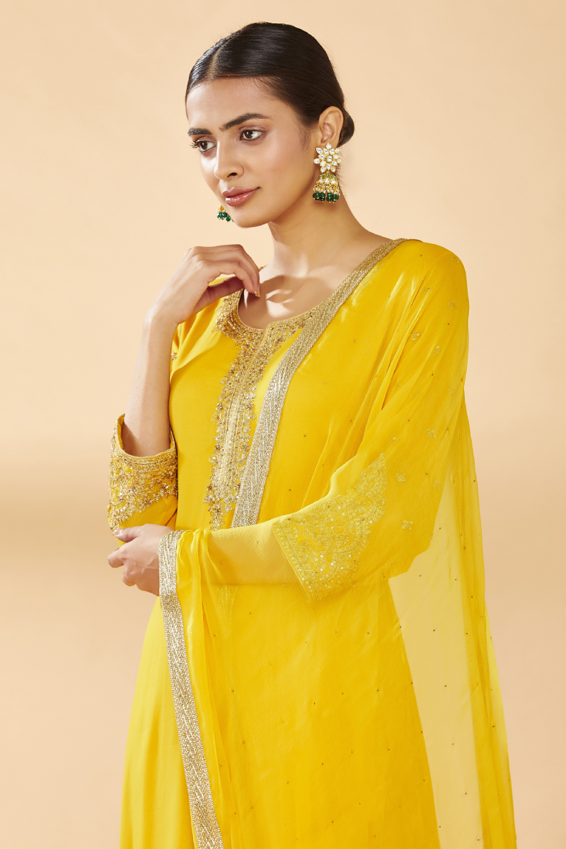 Bright Yellow Embroidered Plazzo Suit