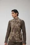 Olive Green Dupion Silk Embroidered Half Jacket Set