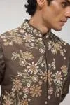 Olive Green Dupion Silk Embroidered Half Jacket Set
