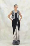 Black and Ivory Printed Crepe Drape Saree