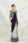 Black and Ivory Printed Crepe Drape Saree