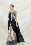 Black and Ivory Printed Crepe Drape Saree