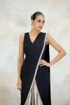 Black and Ivory Printed Crepe Drape Saree