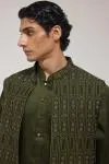 Green Silk Front-Open Half Jacket Set