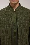 Green Silk Front-Open Half Jacket Set
