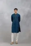 Blue Embroidered Slub Silk Kurta Set