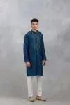 Blue Embroidered Slub Silk Kurta Set