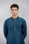 Blue Embroidered Slub Silk Kurta Set