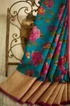 Teal Green Floral Printed Kanjivaram Silk Saree