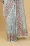 Rose and Paisley Motif Blue Organza Chikankari Saree