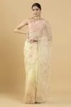Lemon Yellow Floral Embroidered Organza Saree
