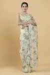 Mint Green Floral Print Embellished Organza Saree