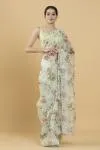 Mint Green Floral Print Embellished Organza Saree
