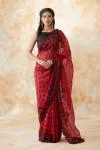Carmine Red Black Polka Dot Organza Saree