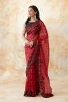 Carmine Red Black Polka Dot Organza Saree