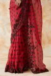 Carmine Red Black Polka Dot Organza Saree