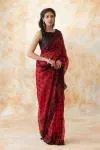 Carmine Red Black Polka Dot Organza Saree