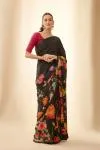 Ink Black Floral Satin Saree