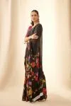 Ink Black Floral Satin Saree